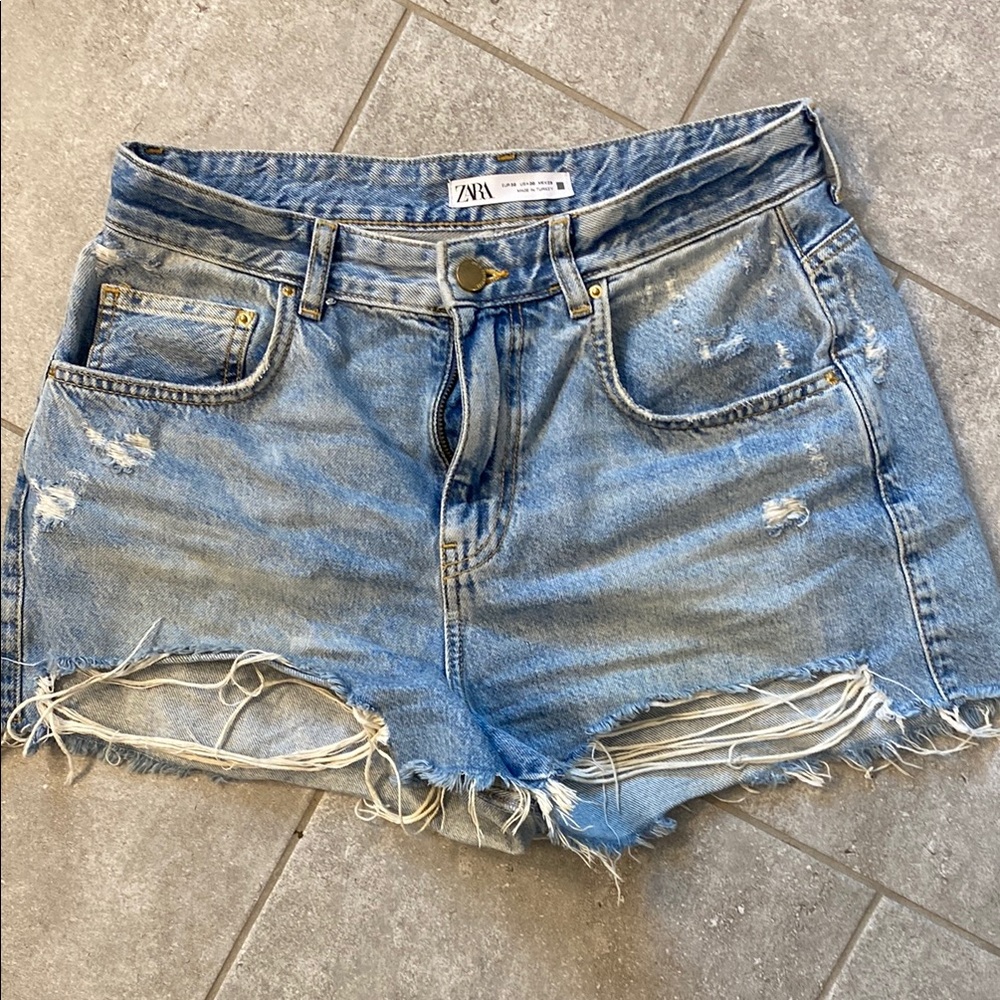 Zara Blue Jean Shorts Distressed High-Waisted